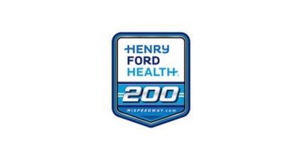“Shield-shaped logo for the Henry Ford Health 200 featuring blue and silver text on a white background.”