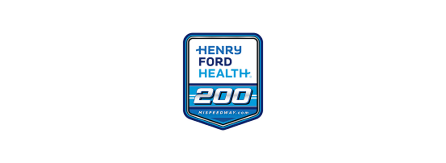 “Shield-shaped logo for the Henry Ford Health 200 featuring blue and silver text on a white background.”