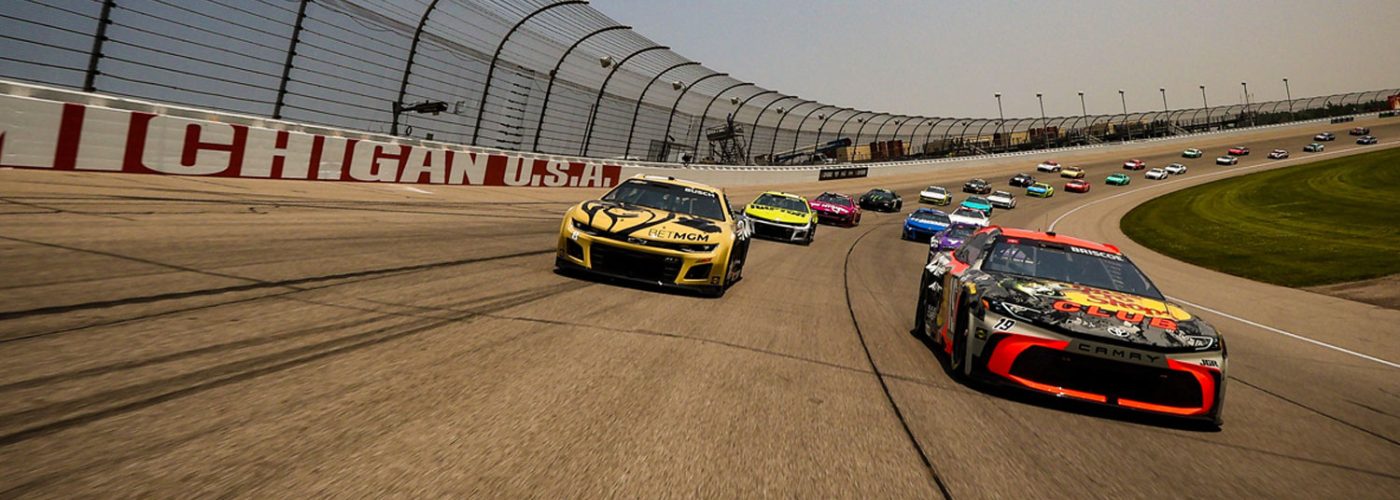 BROOKLYN, MICHIGAN - JUNE 08: Chase Briscoe, driver of the #19 Bass Pro Shops Toyota, and Kyle Busch, driver of the #8 BetMGM Chevrolet, lead the field on a pace lap prior to the NASCAR Cup Series FireKeepers Casino 400 at Michigan International Speedway on June 08, 2025 in Brooklyn, Michigan. (Photo by Meg Oliphant/Getty Images)