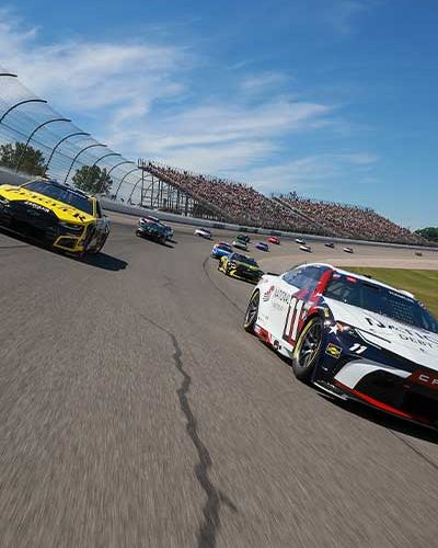 JUNE 07: Denny Hamlin, driver of the #11 National Debt Relief Toyota, and Carson Hocevar, driver of the #77 Zeigler Auto Group Chevrolet, lead the field on a pace lap prior to the NASCAR Cup Series FireKeepers Casino 400 at Michigan International Speedway on June 07, 2026 in Brooklyn, Michigan. (Photo by Sean Gardner/Getty Images